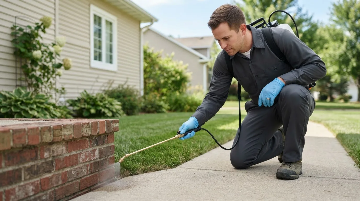 Pest control technician treating a home near Rawson, OH