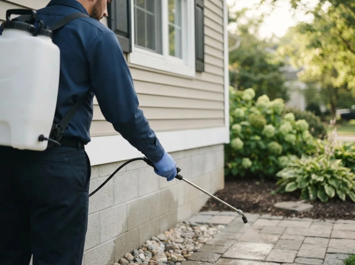 Pest control technician inspecting a home in Rawson, OH